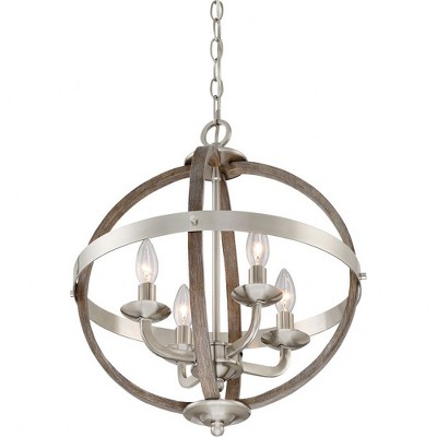Brushed Nickel Cage 4-Light Chandelier with Faux Wood Accents