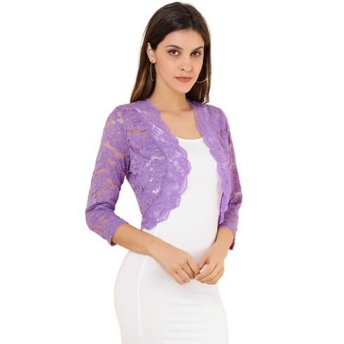 Allegra K Womens Elegant 3/4 Sleeve Sheer Floral Lace Shrug Top