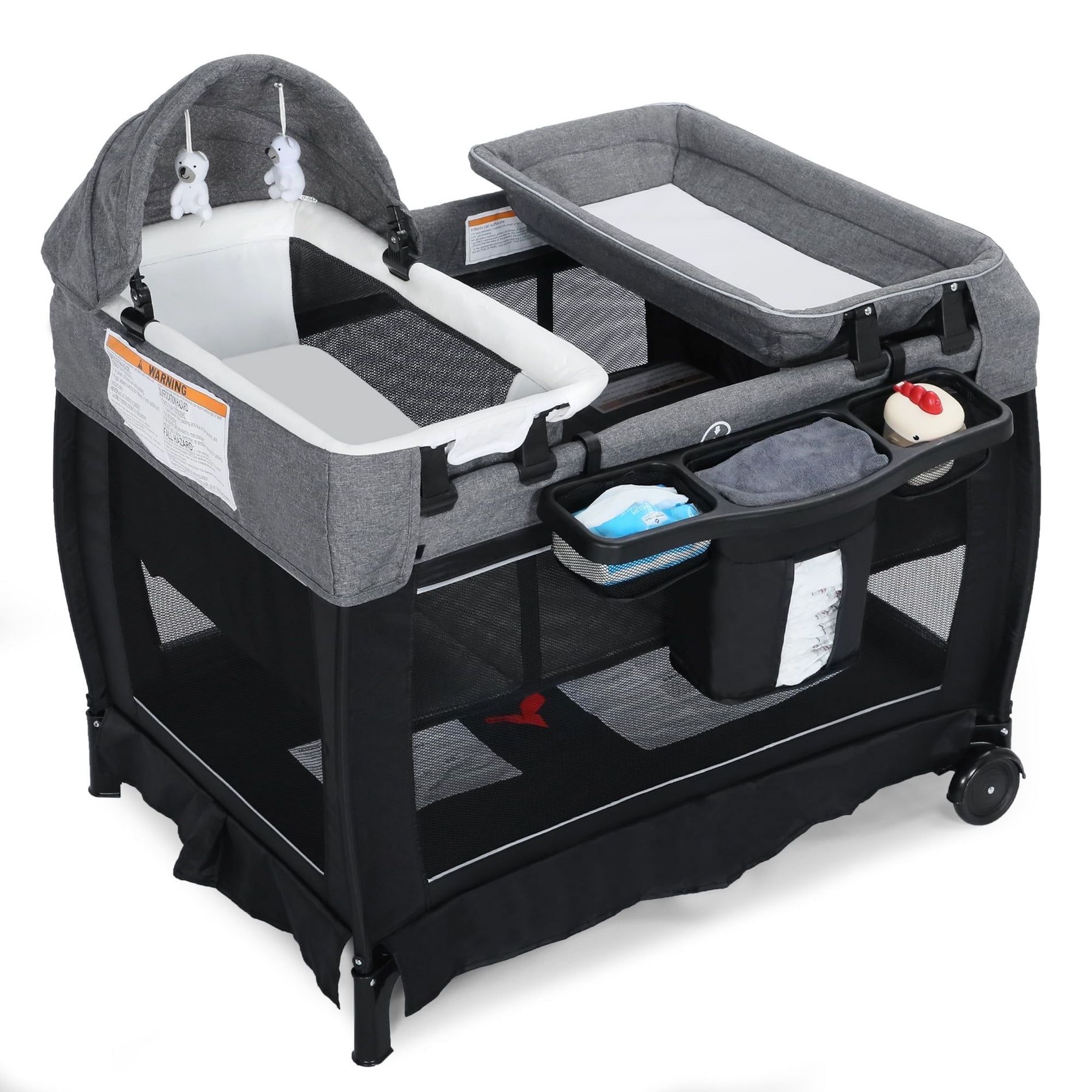Kinder King 4-in-1 Convertible Baby Playard with Bassinet, Diaper Changer, Cradle&Bedside Sleeper, Breathable Mesh, Storage Organizer&Lockable Wheels