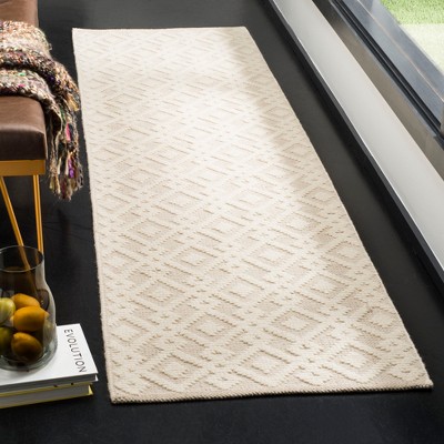 Ivory Geometric Hand-Knotted Wool and Cotton Runner Rug