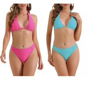 INSPIRE CHIC Women's Halter Ribbed Wide Strap Tie Back Triangle Bottoms Swimwear Bathing Bikini Suits 2 Sets - 1 of 4