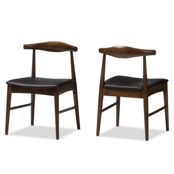 Set of 2 Winton Mid Century Modern Walnut Wood Dining Chairs Black, Brown - Baxton Studio: Upholstered, Faux Leather, Armless