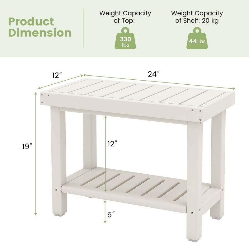 Costway 24" x 12" Heavy Duty Waterproof HDPE Shower Bench Stool with Storage Shelf White/Off White & Brown, 3 of 11
