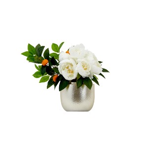 Nearly Natural 16-in Artificial Peony Dahlia Arrangement white Vase - 1 of 4
