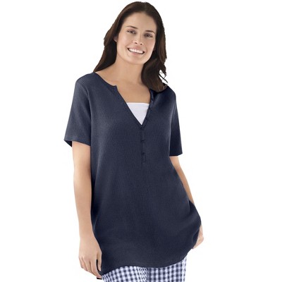 Woman Within Plus Size Split-Neck Henley Thermal Tee