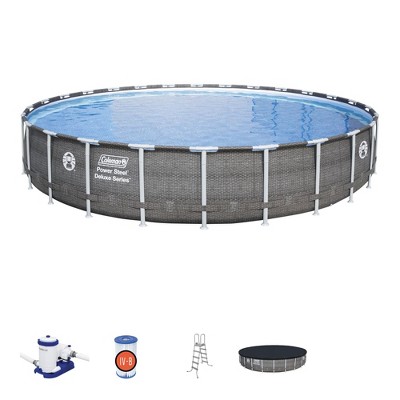 Coleman Round Durable Power Steel Frame Deluxe Series 26' x 52" Above Ground Outdoor Swimming Pool Set with Filter Pump and Ladder, Silver