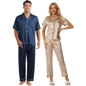 INSPIRE CHIC Couples Pajamas Sets Button Down Short Sleeve Casual 2 Pack Satin Sleepwear - 1 of 4