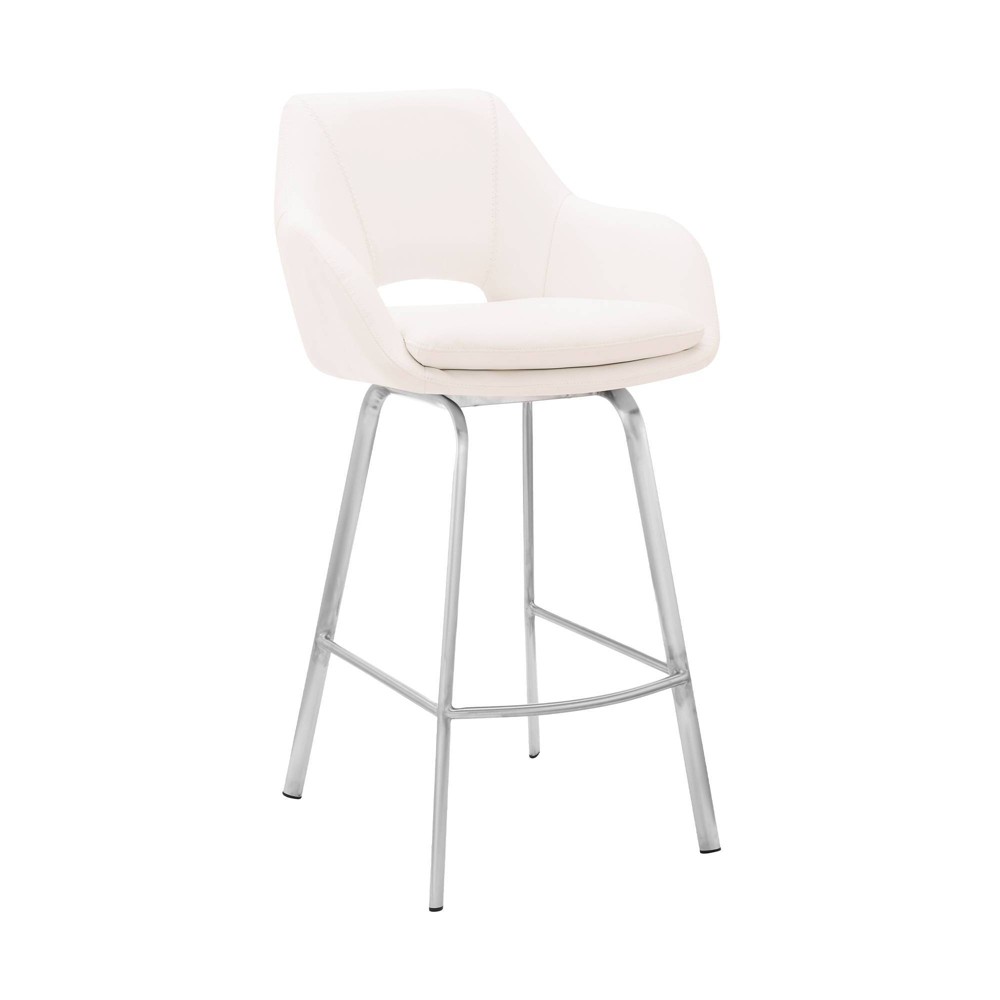 Photos - Chair 30" Aura Swivel Counter Height Barstool with Faux Leather Brushed Stainless Steel White - Armen Living