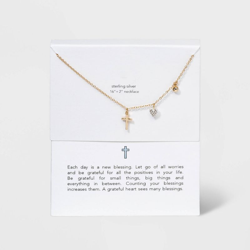 Sterling Silver Gold Dipped Cubic Zirconia Heart and Cross Chain Necklace - Gold, 4 of 5