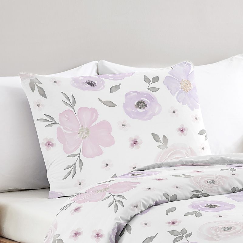 Sweet Jojo Designs Girl Decorative Pillow Cover Sham Watercolor Floral Purple Pink and Grey, 4 of 5