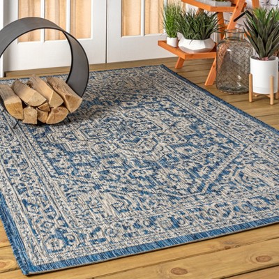 Gray and Navy Synthetic Medallion Flat Woven Reversible Rug