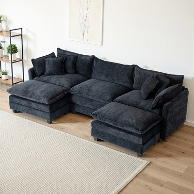 3-Seat U-Shaped Modern Cloud Couch - Chenille Modular Sectional with Deep Seat, 2 Ottoman & 4 Pillows for Home/Apartment Spaces