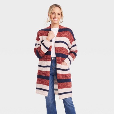 Women's Open-Front Cardigan - Knox Rose™ Navy Striped XL