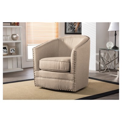 Classic Retro Beige Swivel Barrel Accent Chair with Nailhead Detail