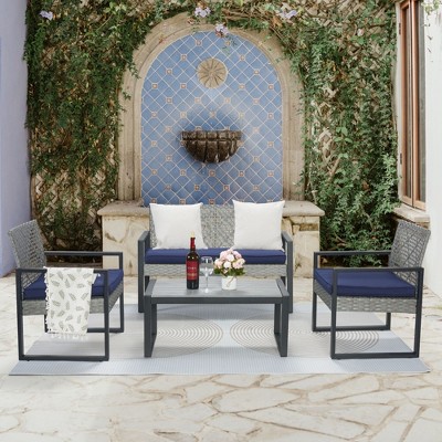Nertpow 4-Piece Outdoor Patio Furniture Set ¨C Light Gray Rattan with Blue Cushions & Gray Acacia Wood Tabletop, Balcony Porch Garden Seating Set