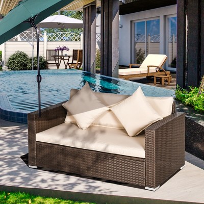 Beige Wicker Outdoor Loveseat with Cushions and Throw Pillows
