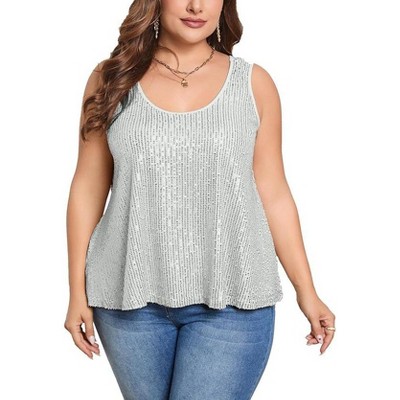 Acekool Women’s Plus Size Sequin Tank Top – Sleeveless Shimmer Camisole, Glitter Loose Sparkle Shirt for Party & Night Out