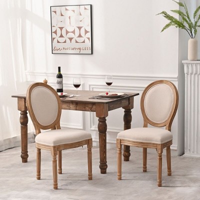 Linen Upholstered Dining Chairs Set of 2, French Country Round Back Side Chairs with Solid Wood Legs – Cuddlewood