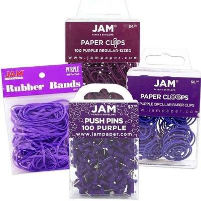 JAM Paper 1 Rubber Bands Push Pins Paper Clips & Round Paper Cloops Purple 3224PUOASRT