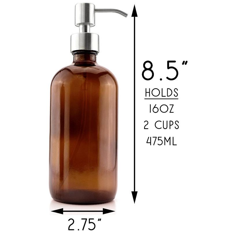 Cornucopia Brands 16oz Amber Glass Bottles w/Stainless Steel Pumps 2pk; Lotion & Soap Dispenser Brown Boston Round Bottles, 3 of 9