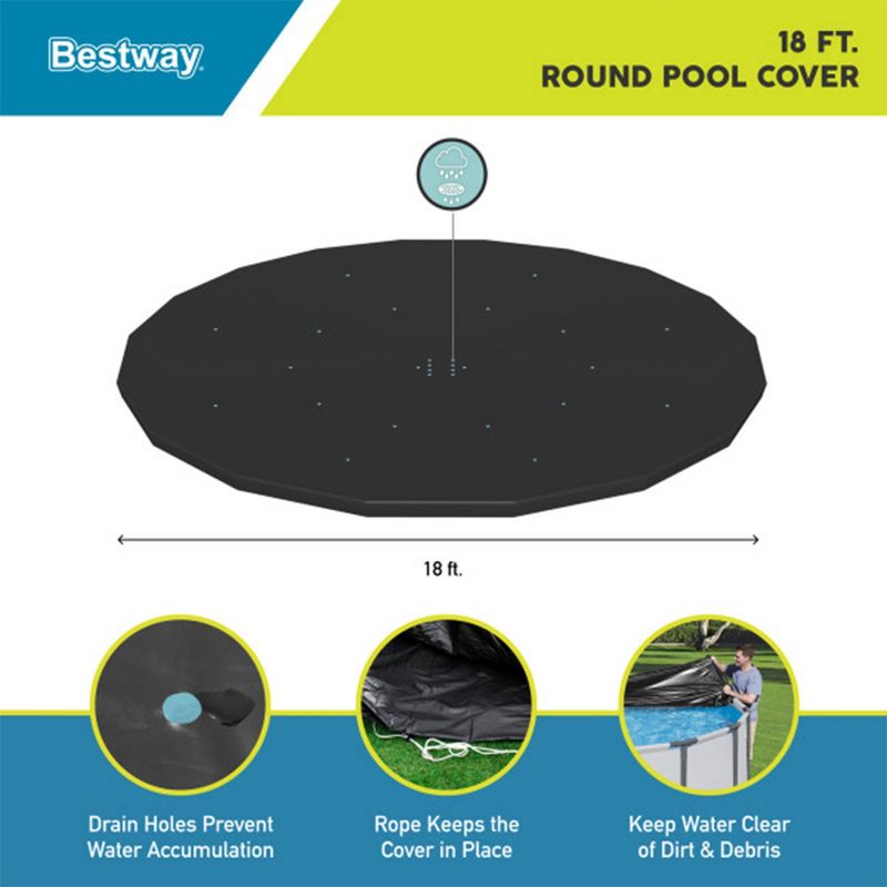 Bestway Round Pool Cover for Above Ground Pro Frame Pools with Drain Holes and Secure Tie-Down Ropes, 3 of 11