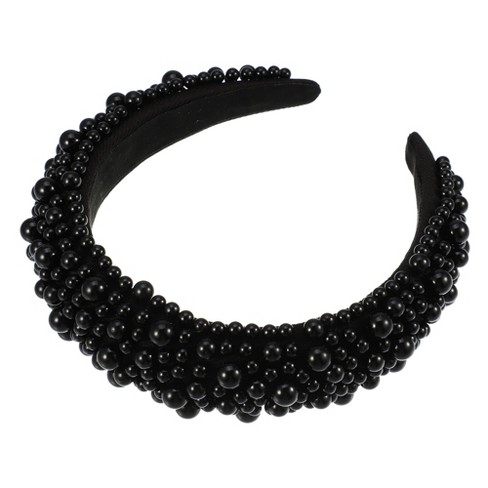 Unique Bargains Women's Sponge Wide Brim Pearls Padded Headband Black ...