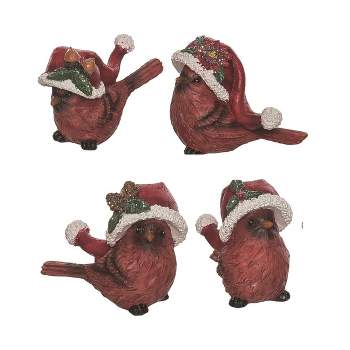 Transpac Red Cardinal with Christmas Santa Hat Polyresin Bird Tabletop Figurines Set of 4, 3.25L x 3.25W x 2.50H inches