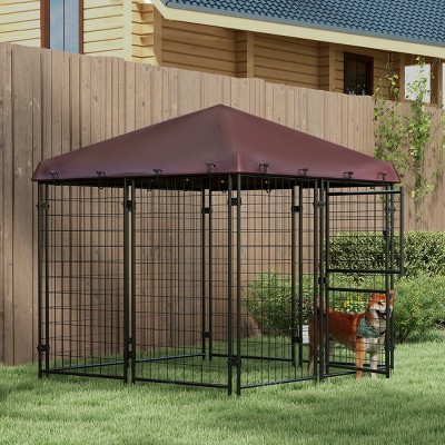 Outdoor Dog Kennel with Roof Lockable Door and Shade Cover for Small and Medium Dogs Pet Playpen with Two Door Access - LAOTIES