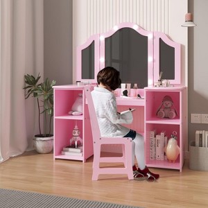 Coucheta Princess Vanity Set with Lights - 2-in-1 Makeup Desk & Chair, Storage Shelves & Cabinet, Play Dressing Table for Little Girls，Pink - 1 of 4