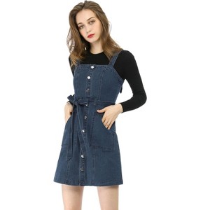 Allegra K Women's Classic Adjustable Strap A-Line Overall Denim Dress - 1 of 4