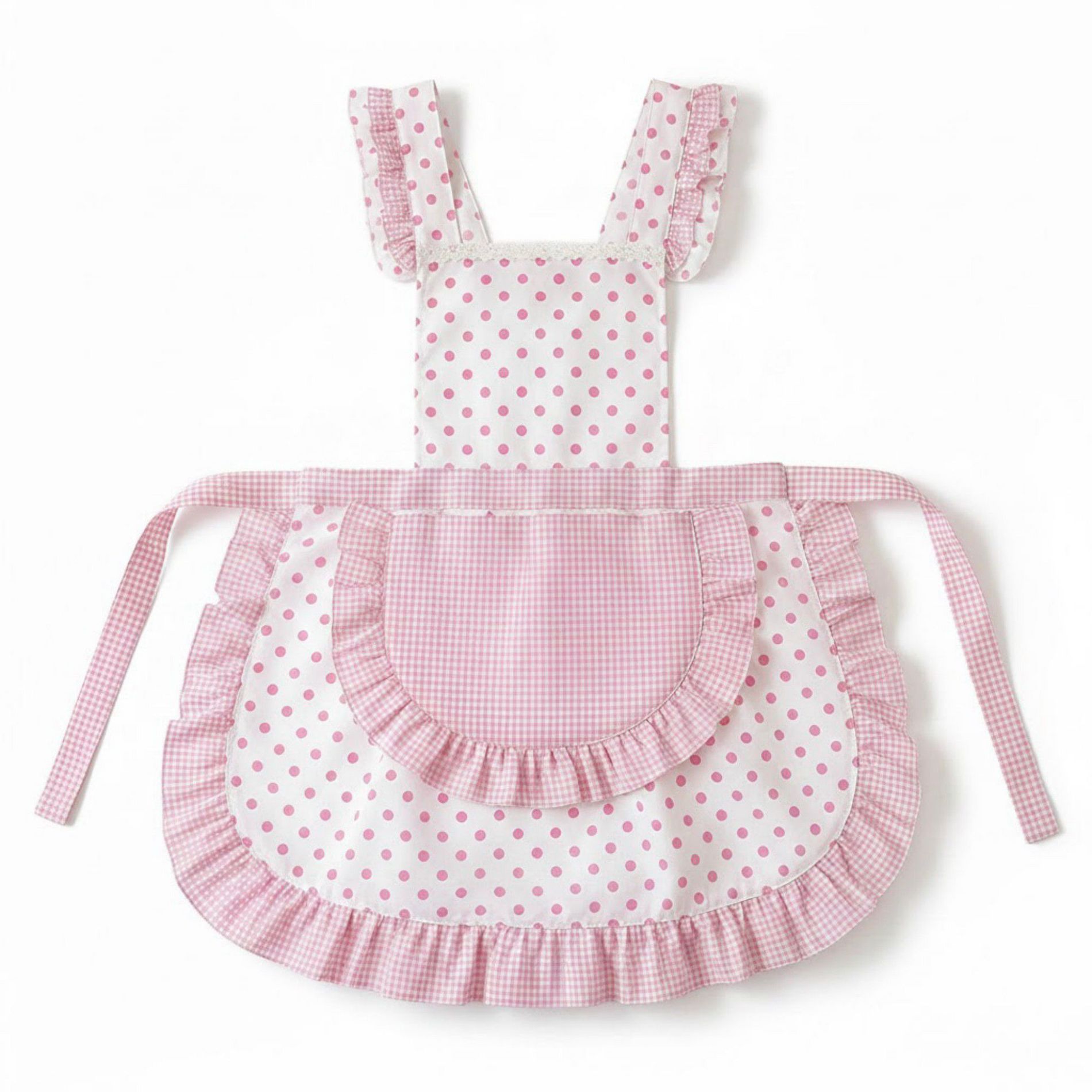 Alilang Polka Dot Gingham Ruffle Trim Kitchen Apron with Adjustable Straps and Front Pocket - Pink