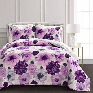 Reversible Floral Quilt Set, King, Gray Purple - Watercolor Botanical - 1 of 4