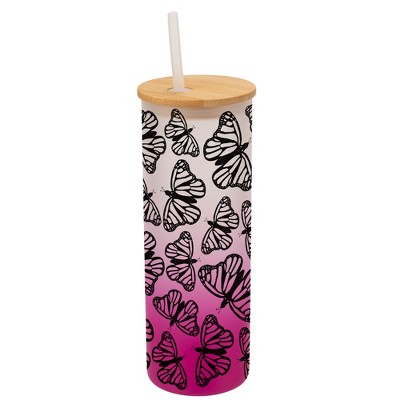 Elanze Designs Medium Monarch Butterfly Insect Bug Wrap-Around Design 25 Ounce Frosted Gradient Glass On-The-Go Coffee Travel Skinny Tumbler Mug Cup,