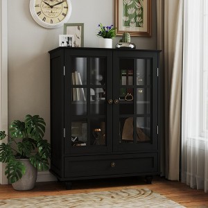 Angel Sar Small Display Cabinet with Glass Doors and Drawer, Curio Cabinet for Dining Room, Living Room, or Entryway, Black - 1 of 4