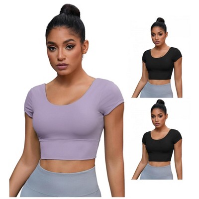 INSPIRE CHIC 3 Packs Women's U Neck Short Sleeve Deep V Back Shapewear Workout Tank Tops with Bulit in Bra