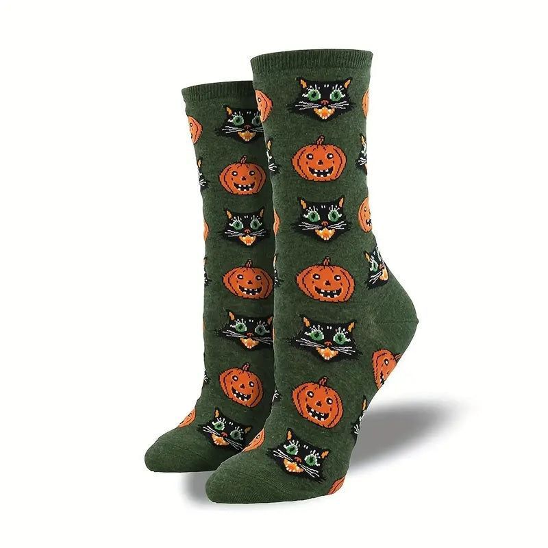 Cats and Pumpkins (Women's Sizes Adult Medium) - Green from the Sock Panda, 1 of 2