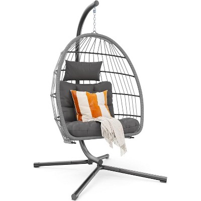 Jojoka Hanging Egg Chair with Stand,Patio Wicker Swing with Cushion,350lbs Capacity for Patio Balcony,Gray