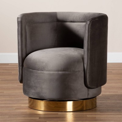 Gray Velvet Barrel Swivel Accent Chair with Gold Base