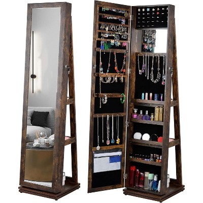 360°Swivel Jewelry Cabinet,Lockable Standing Jewelry Armoire with Full Length Mirror,Wooden Freestanding Mirror Cabinet for Dressing Room Brown