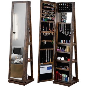 360° Swivel Jewelry Cabinet Rotatable Vanity Mirror Jewelry Storage Organizer With Key For Living Room Bedroom brown - 1 of 4