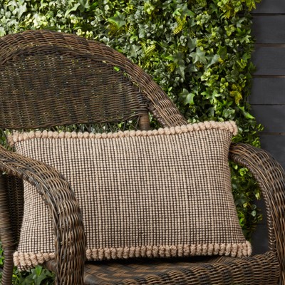 Rustic Beige and Black Woven Outdoor Throw Pillow Cover, 14"x22"