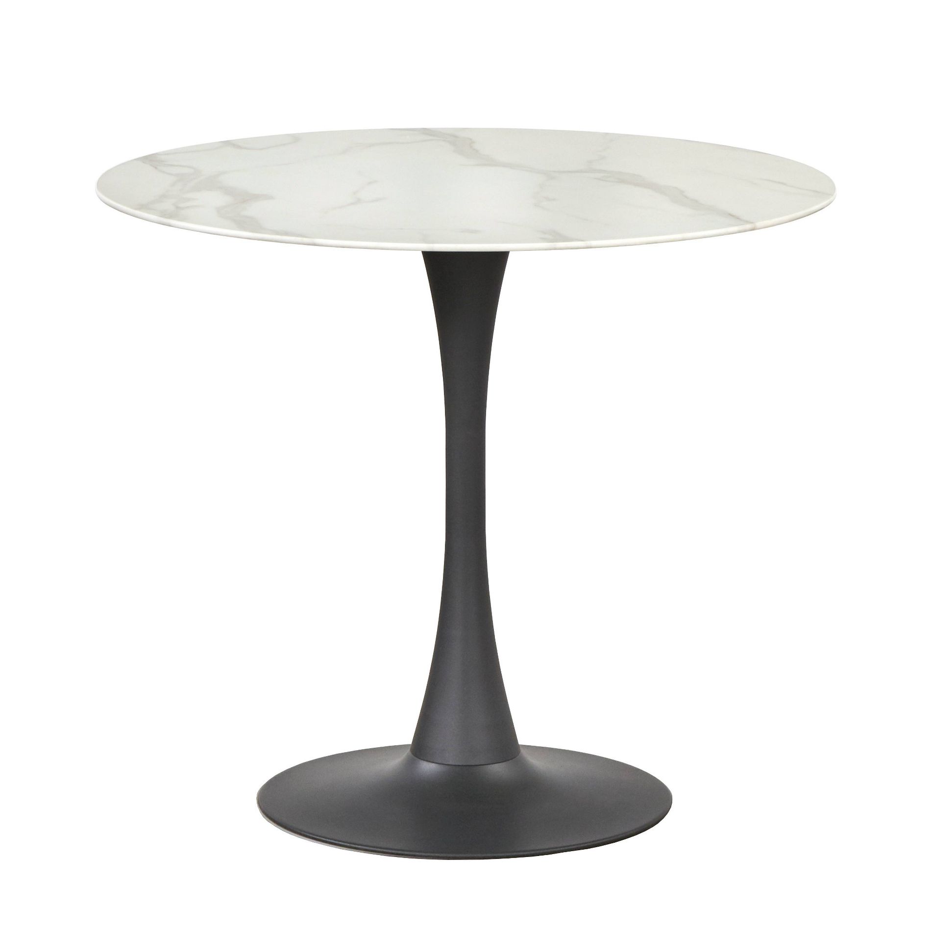 Buylateral Rho Faux Marble Pedestal Round Dining Table White/Black: Faux Marble Top, 4-Seater, Glam Style, Metal Pedestal Base