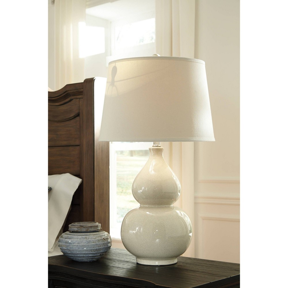 Photos - Floodlight / Street Light Ashley Saffi Ceramic Table Lamp Cream: Double Gourd Base, Glazed Finish - Signature Design by 