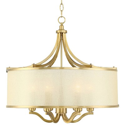 Possini Euro Design Warm Antique Brass Drum Pendant Chandelier 25" Wide Modern Clear Gold Organza Shade 6-Light Fixture Kitchen