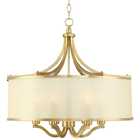 Large drum brass chandelier with long crystal U-drop prisms - matt brass