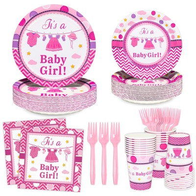 DYLIVeS Pink Baby Shower Decorations, It's a Baby Girl Paper Plates and Napkins Cups Forks Disposable Tableware for Gender Reveal Party Supplies