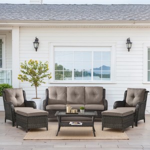 Buenhomino 6 Pieces Patio Furniture Set, Wicker Patio Conversation Sets, Outdoor Rattan Sofa Chairs with Coffee Table, High Back, Ottoman, Cushions - 1 of 4