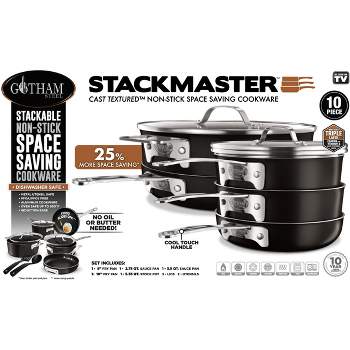 Gotham Steel Stackmaster 10 Piece 8'' and 10'' Black Space Saving Nonstick Cookware Set with Utensils