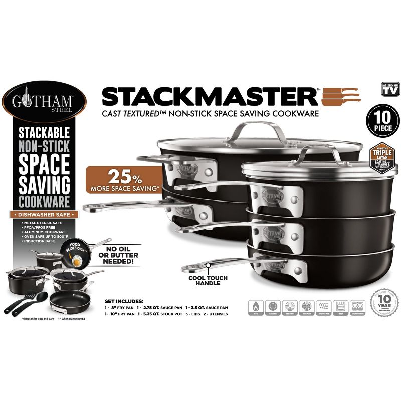Gotham Steel Stackmaster 10 Piece 8'' and 10'' Black Space Saving Nonstick Cookware Set with Utensils, 1 of 3