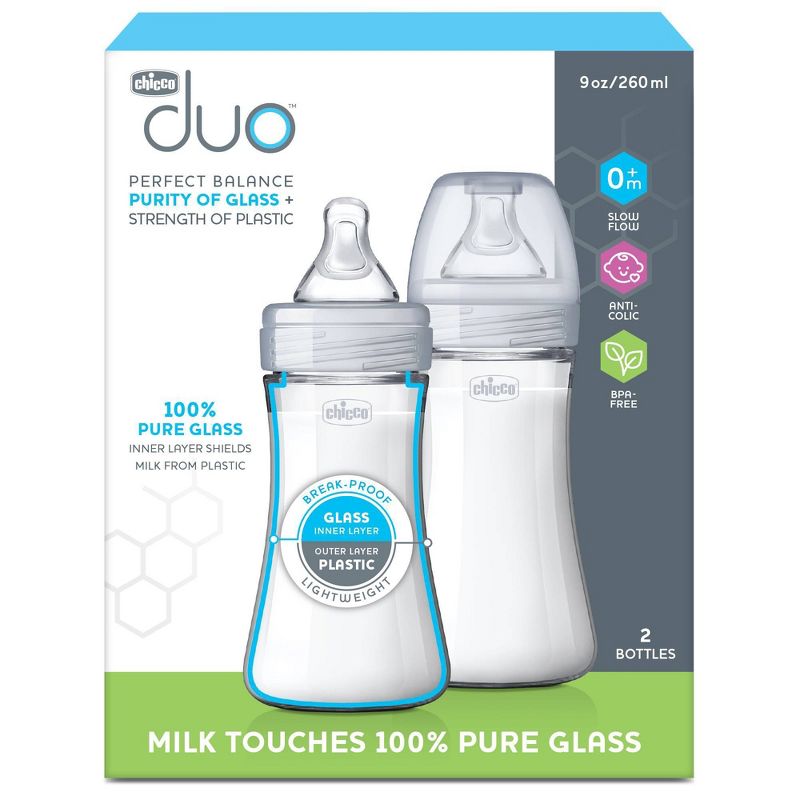 Chicco 2pk Duo Hybrid Baby Bottle with Invinci-Glass Inside/Plastic Outside with Slow Flow Anti-Colic Nipple - Clear/Gray - 9oz, 3 of 17
